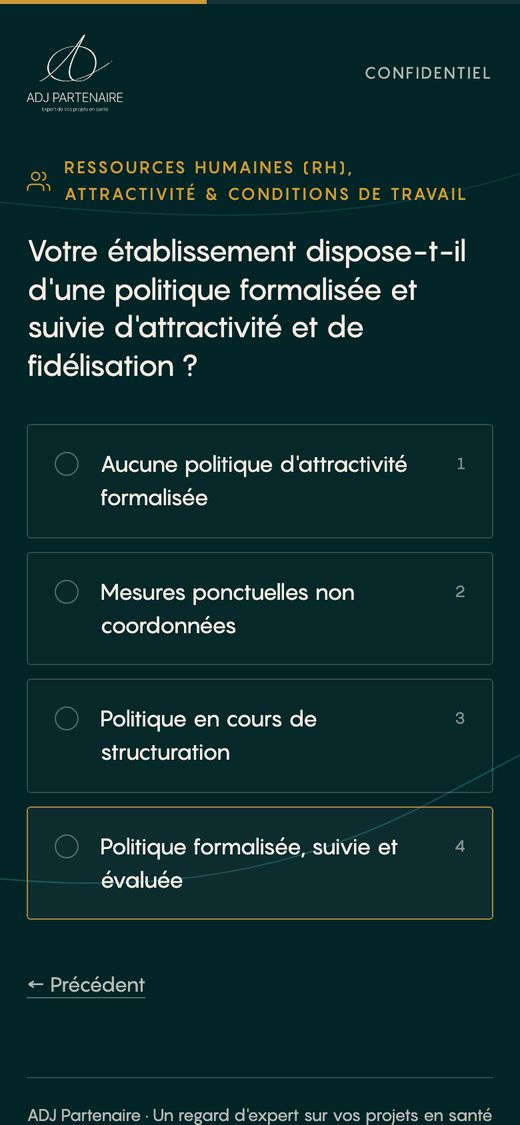 Écran du questionnaire : une question et quatre réponses