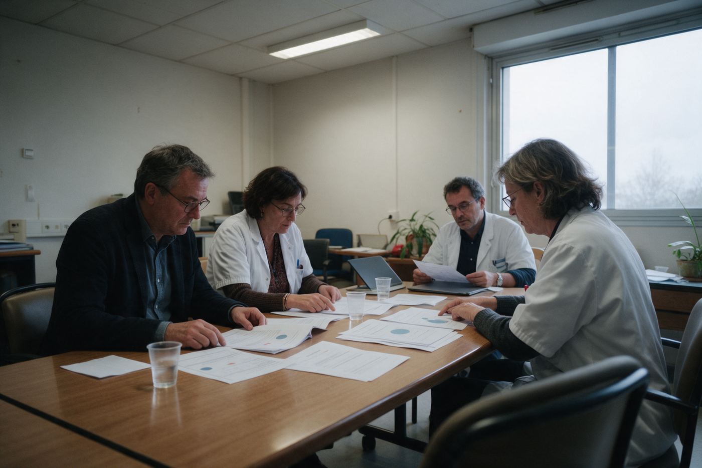 Réunion d'une équipe de direction autour de rapports imprimés